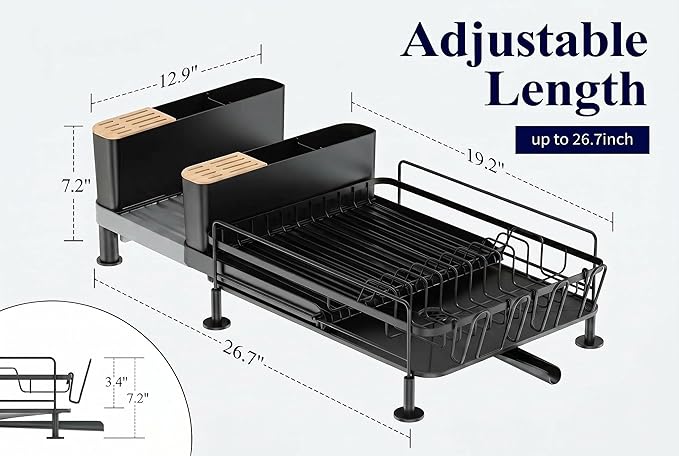 Large Extendable Dish Drying Rack with Bamboo Knife Holder, Rustproof Dish Drainer for Kitchen Counter, Adjustable 19"-27", Black