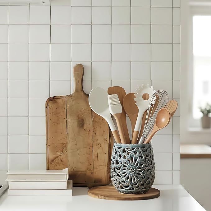 Farmhouse Kitchen Utensil Holder for Kitchen Counter, Ceramic Large Cooking Utensil Crock with Cork Mat, Countertop Cooking Tool Spatula Organizer, Antique Grayish Blue