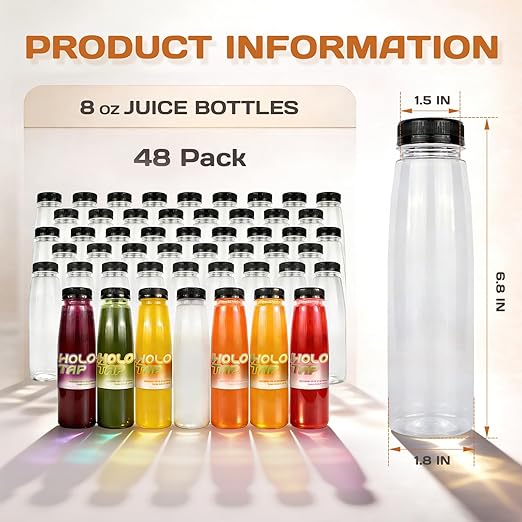 Holotap 48 Pack Empty PET Plastic Juice Bottles 8 OZ Clear Disposable Bulk Plastic Bottles for Liquids with Black Tamper Evident Caps (8 OZ, Black)