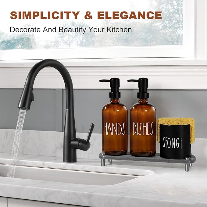 Amber Glass Soap Dispenser, Kitchen soap Dispenser with Sponge Holder, Dish and Hand soap Dispenser Set with Tray,Instant Dry Tray, Amber