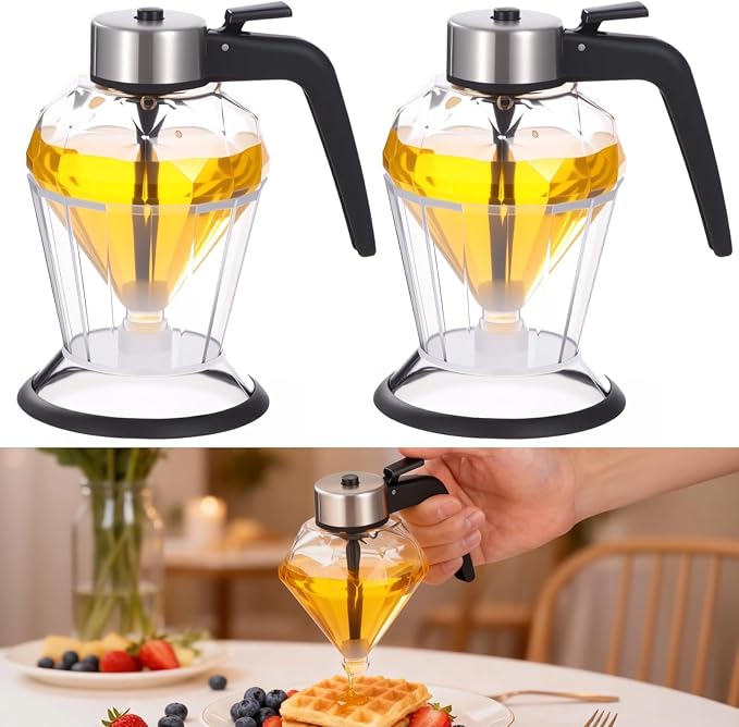 2Pcs Honey Dispenser, 6.7oz/200ml Glass Honey Dispenser No Drip,Beautiful Honeycomb Shaped Honey Jar with Stand, Maple Syrup Dispenser – Honey Pot with Stand – Honey Bottle with Flip Top Lid