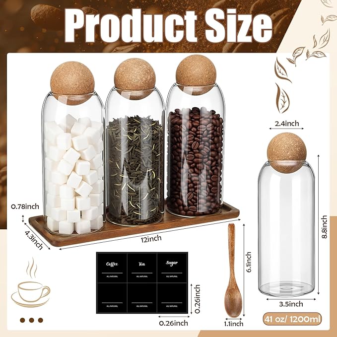 Suclain 3 Pcs Glass Coffee Storage Jar with Ball Cork Lid Wooden Spoon Shelf Labels Airtight Round Bottle Jar Food Storage Canister Set for Sugar Spice Coffee Bean Holder Candy Gift(41 oz)
