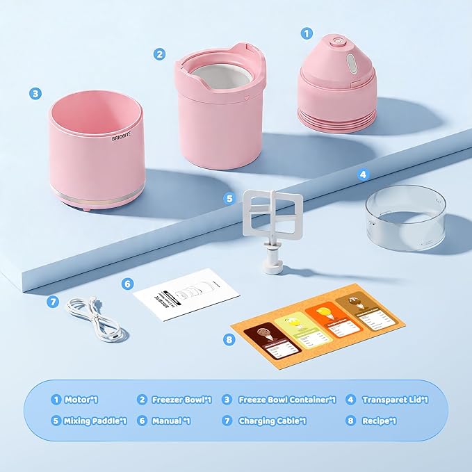 BRIOBITE Ice Cream Maker,Rechargeable Soft Ice Cream Machine with Low Noise,Compact for 1-2 Servings,Perfect for Sorbet,Gelato,Frozen Yogurt,Pink