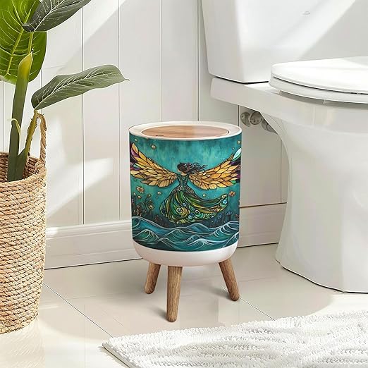 Trash Can with Lid Hypnotic Fairy Dance Hue Glass Press Top Round Small Garbage Bin with Wooden Legs Waste Basket for Kitchen Bedroom Nursery 7L/1.8 Gallon