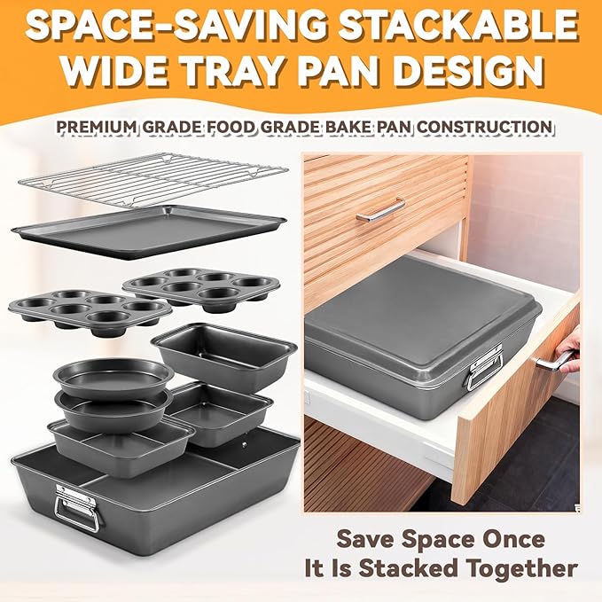 12PCS Nonstick Bakeware Set, Non-Toxic Carbon Steel Baking Pans Set with Wider Grip, Includes Roasting Pan, Cookie Sheet, Cake Pans, Muffin Pans, Cooling Rack, Oven Mitts, Easy Release