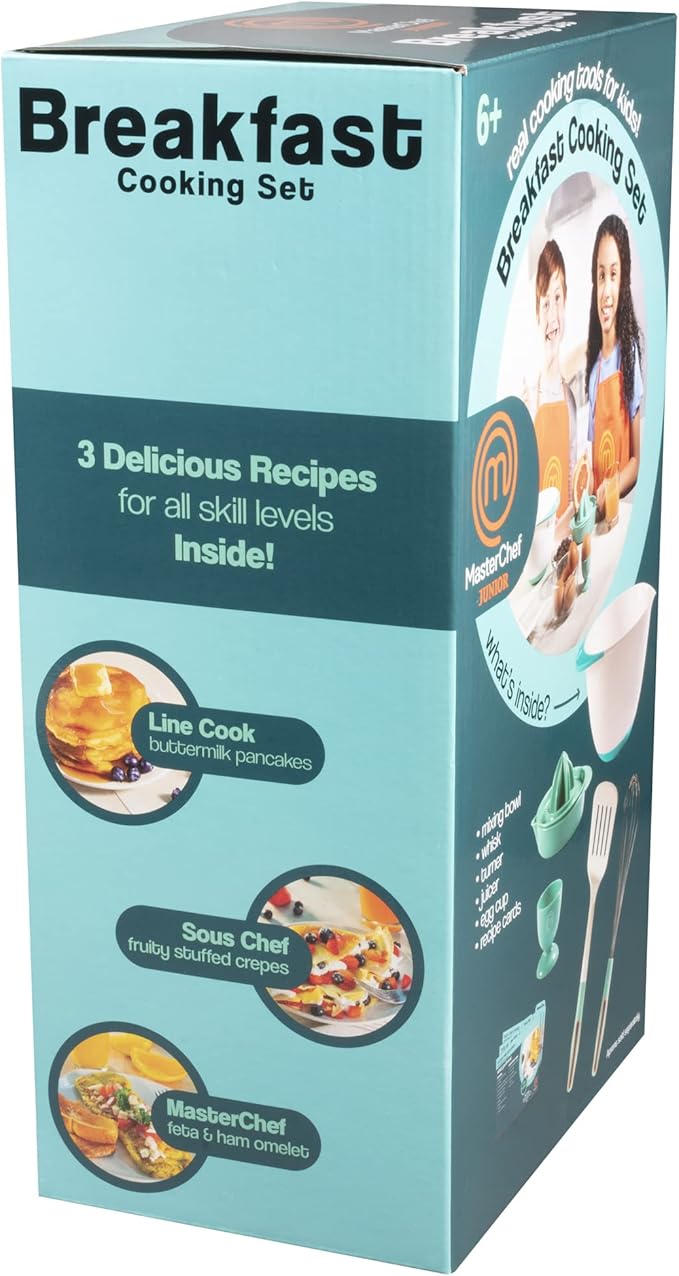 MasterChef Junior Breakfast Cooking Set- 6 Pc Kit w Real Cooking Tools for Kids & Recipes- Includes Spatula, Mixing Bowl, Whisk, Egg Cup, Juicer- Make Pancakes, Crepes & More- Fun Breakfast Essentials