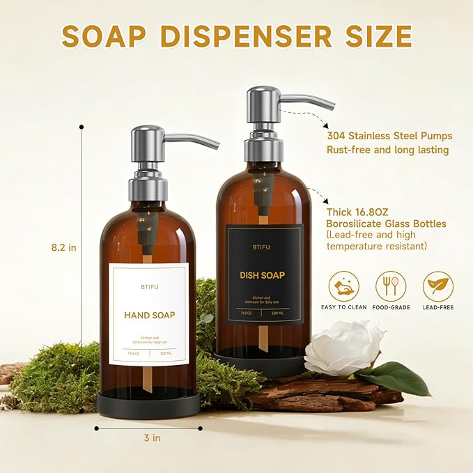 Kitchen Soap Dispenser Set – 16.8oz/500ml Glass Hand and Dish Soap Dispenser with Stainless Steel Pumps & Non-Slip Silicone Base, Luxury Countertop Decor for Home, Airbnb, Spa (Amber & Silver)
