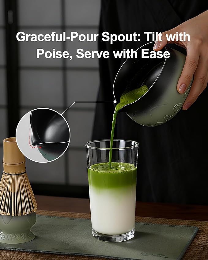 ZENS Matcha Whisk Set, 15oz Ceramic Matcha Set with Bowl and Bamboo Whisk, Scoop, (Chasen Holder) -Tea Towel, 5pcs Matcha Kit for Matcha Lovers, Sage Green