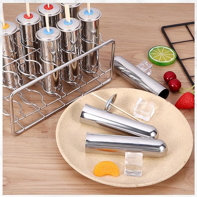 10Pcs Stainless Steel Popsicle Molds and Rack Ice Cream Popsicle Molds with 10 Round Ice Pop Makers + 100 Reusable Bamboo Sticks + 20 Bags + 1 Cleaning Brush + 1 Rack (Silver (Round))