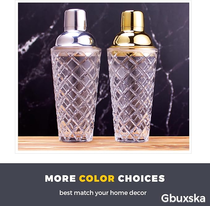 Glass Cocktail Shaker 14.2oz, Martini Shaker, Drink Shaker, Perfect for Handcrafted Cocktails, Martinis (Silver)