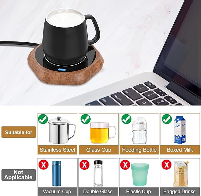 Coffee Mug Warmer for Desk - Wooden Auto Shut Off Drink Warmer for Milk Tea Water Cocoa - Smart Beverage Heating Candle Wax Plate - Hexagonal
