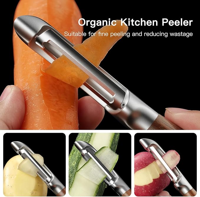 JUSEEPO Premium Vegetable Peeler, I Type Swivel 304 Stainless Steel Blade Comfortable Solid Wood Handle, Practical Gift for Restaurant Baking Chef Woman for Veggie, Fruit, Potato(Merbau)