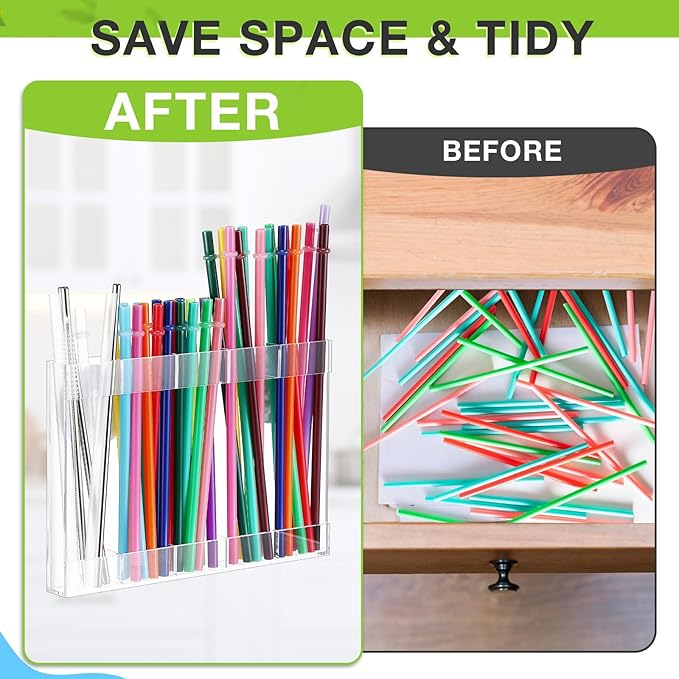 Qinyoung Acrylic Straw Holder for Cabinet Door with Double Sided Adhesive Tape Reusable Straw Organizer Tumbler Storage Kitchen Accessories Container for Counter Cupboard(Classic,Large,Transparent)