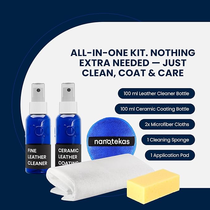 Leather Cleaner & Ceramic Coating Spray Kit: Long-Lasting Leather Protector for Tesla Vegan Leather, Car Seats, Furniture and Shoes – Universal Nano Ceramic Shield to Repel Dirt and Liquids