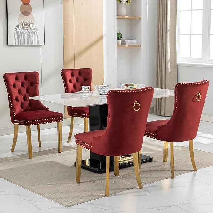 Velvet Dining Chairs Set of 4, Dining Room Chairs Set of 4, Tufted Upholstered Dining Room Chair, Back Ring Pull Trim, Golden Stainless Steel Legs, Wine Red