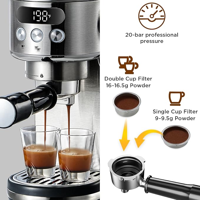 Neretva 20 Bar Espresso Machine with Milk Frothing Steam Wand & Milk Frothing Pitcher Jug Cup 350ML