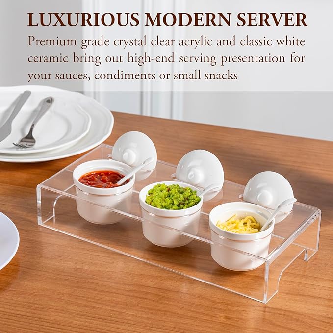 MyGift 10 Pcs Condiment Pot Serving Dishes Set, Clear Acrylic Server Tray and 3 Ceramic Ramekin Bowls with Lids and Spoons for Sauces, Dips, Hosting Essentials for Party