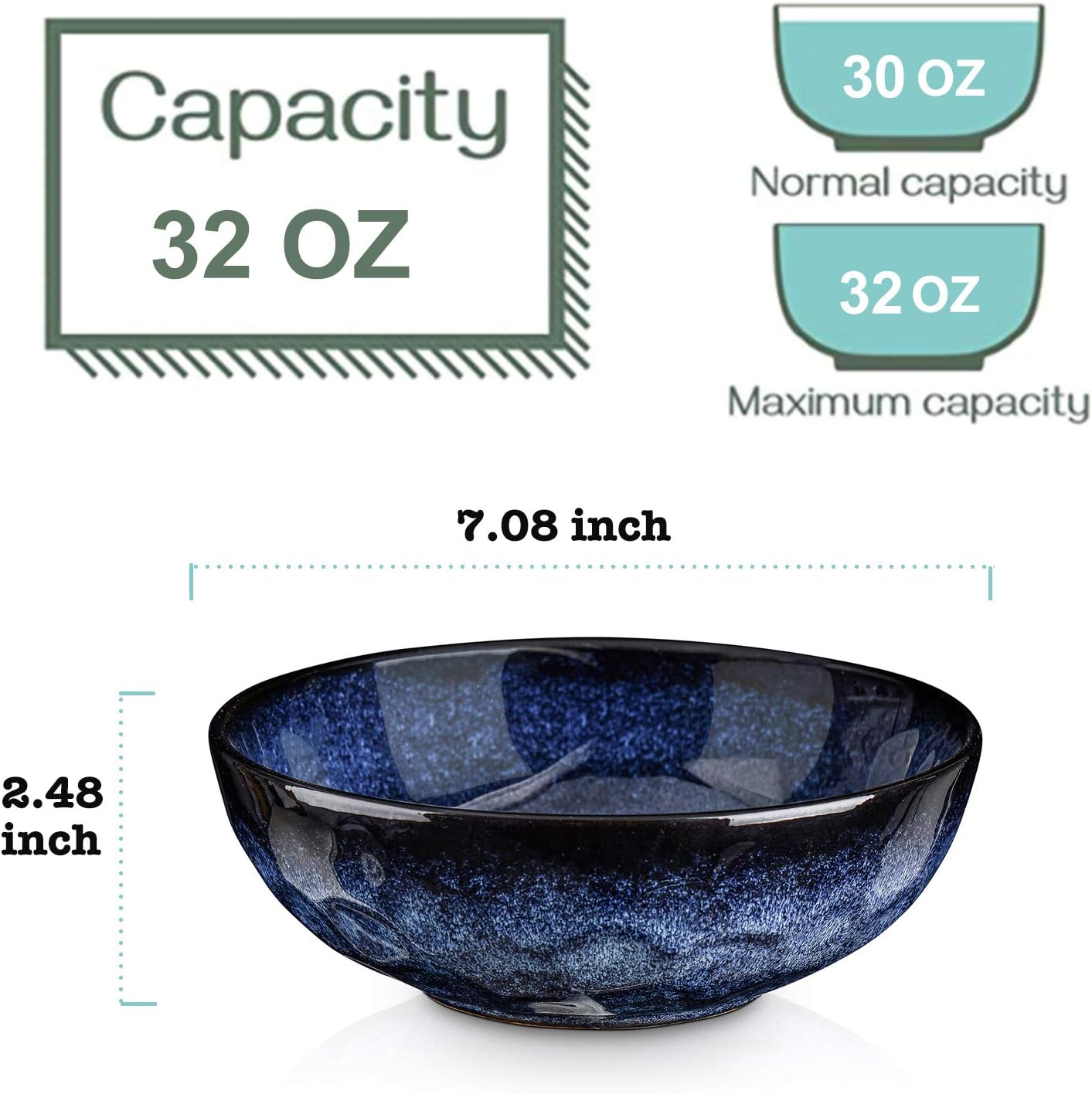 vicrays Ceramic Salad Bowls Set for Kitchen, Serving - 32 Ounce Soup Bowls, Pasta Bowls, Chip Resistant, Dishwasher Microwave Safe, Large, Fluted, stoneware, Set of 6 (Blue)
