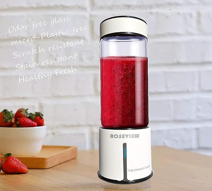 Portable Smoothie Blender ROSEVIEW Glass Cordless Mini Shakes Cup blend for smoothies USB rechargeable juicer 2 battery Handheld Personal travel Jet mixer