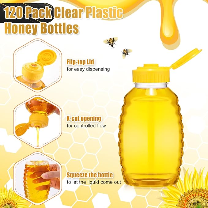 Tioncy 120 Pcs Clear Plastic Honey Bottles 16 Oz Honey Jars with Lids Honey Bottle Containers Empty Honey Bear Bottle Squeeze Honey Bottle for Easy Storing and Dispensing
