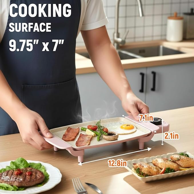 Small Electric Griddle, 10 Inch Mini Ceramic Non-Stick Electric Skillet with Adjustable Thermostat, 1200W Single Serve Grill for Breakfast, Cooking for Pancakes, Eggs, Sausage, Pink