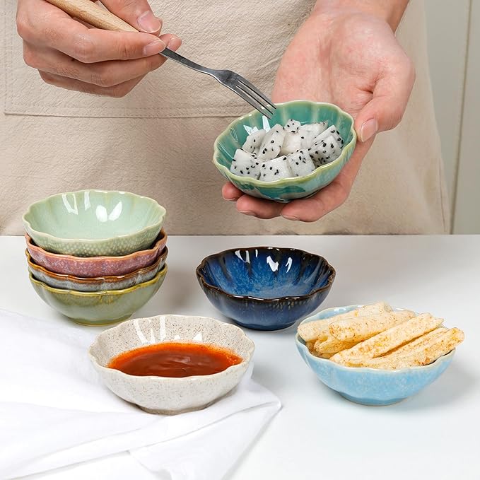 Dipping Bowls Set of 8, Ceramic Soy Sauce Dishes, 3 oz Dipping Sauce Cups, chrysanthemum Round Small Side Dish Dishes for Dipping Sushi Tomato Soy Sauce Dish Condiment Finger Bowls