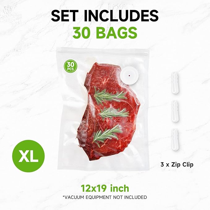 Vixino Vacuum Sealer Bags, 30 Reusable Vacuum Sealer Bags for Food, BPA-Free, Meal Prep and Sous Vide Cooking,Works for Handheld Sealer and Vac Sealer Machine with External Vacuum Systems
