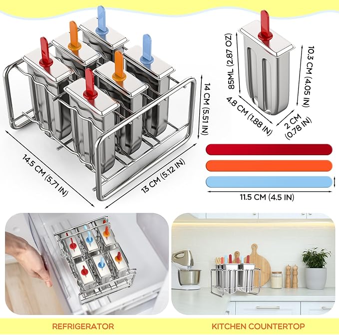 Jingmore Stainless Steel Pop Molds, 6 Round Head Metal Pop Molds with Holder & Reusable Sticks, Metal Ice Cream Makers for Frozen Yogurt Fruit Ice Cream Sorbet Making(Square)