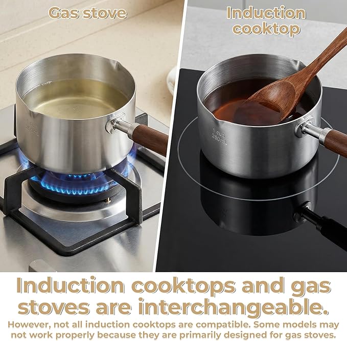 Mini Butter Warmer Stainless Steel Mini Pot 8.5 oz (250 ml) Minis Sauce Pan Cooking Pot Coffee Milk Warmer with Dual Spouts and Wooden Handle for Chocolate Butter Melting