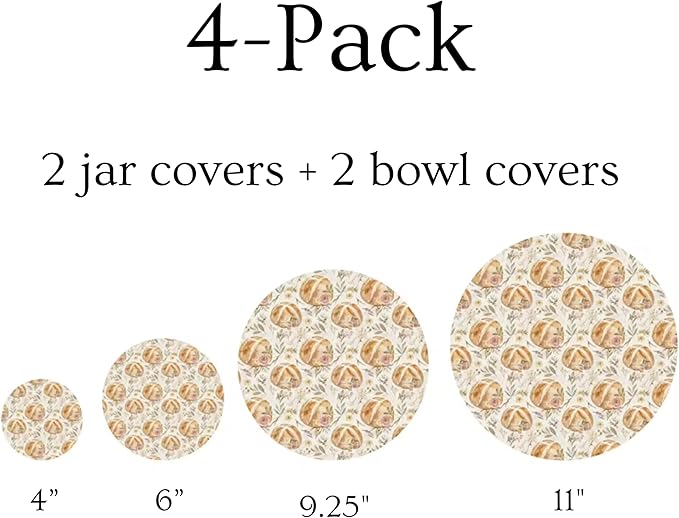 (4-Pack) Sourdough Reuseable Jar & Bowl Covers | Cute Baking Gift | 100% Cotton | Washable | Bread Proofing | Kitchen Food Storage Gifting | Starter Cover Lid Kit (Vintage Sourdough)