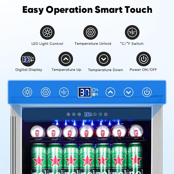 ORYMUSE 24" Beverage Refrigerator, 180 Can Under Counter Drink Cooler with Glass Door & Lock, Built-in or Freestanding Mini Fridge with Quiet Compressor Cooling for Beer, Soda & Wine