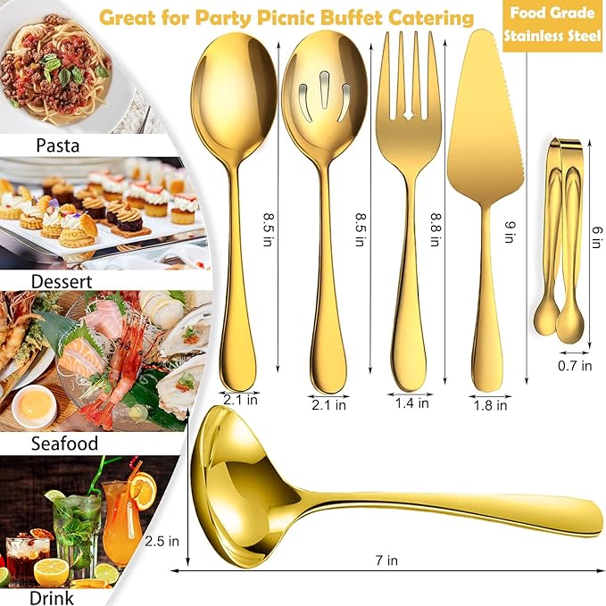 6 PCS Stainless Steel Serving Utensils, Large Serving Spoons Slotted Spoons, Forks, Ice Suger Tongs, Cake Server, Soup Ladle, Metal Utensils Set Great for Buffet Catering Banquet Party, Gold