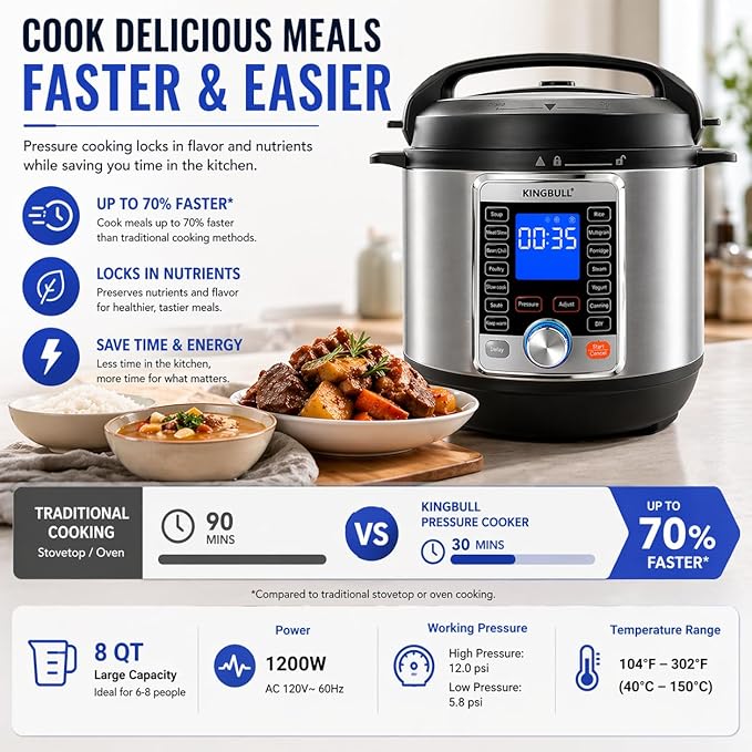 KINGBULL 14-in-1 Electric Pressure Cooker 8 Quart, Stainless Steel Multi Cooker with LCD Display and Knob Control, Slow Cooker, Rice Cooker, Steamer, Sauté, Yogurt Maker, Warmer, DIY Mode