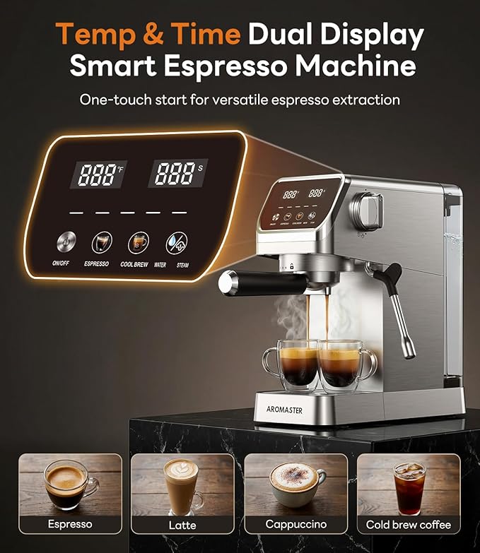 Aromaster Espresso Machine 20 Bar with Milk Frother, Easy to Use Compact Espresso Maker with Touchscreen, Fast Heat 1400W for Latte & Cappuccino, Stainless Steel Coffee Machine for Home & Office