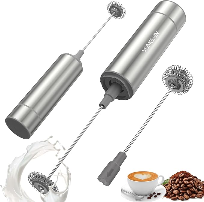 Milk Frother, Handheld Battery Operated Frother for Coffee,Portable Drink Mixer with 2 Stainless Steel Whisk Heads, Milk Foamer for Keto Coffee, Latte, Cappuccino, Hot Chocolate, Silver