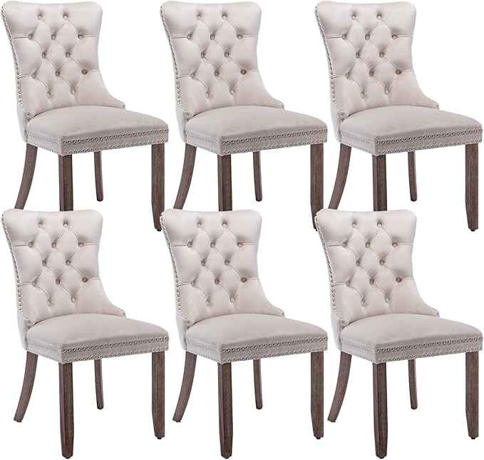Beige Velvet Dining Chairs Set of 6, Upholstered Dining Room Chairs with Back Ring Pull Trim and Solid Wood Legs, Tufted Wingback Kitchen Chairs for Dining Room,Living Room,Kitchen(Beige)