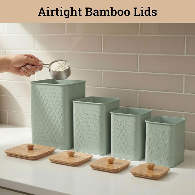 Kitchen Canisters for Countertop Set of 4 - Textured Iron Kitchen Canisters with Airtight Lids - Flour Sugar Canister Set - Flour and Sugar Containers Farmhouse - Coffee Jar for Counter - Green Jar x4