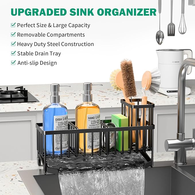 TomCare Extra Large 11'' Sink Caddy With Drain Tray Non-slip Kitchen Sink Organizer With 2 Adjustable Dividers High Brush Holder Rustproof Sponge Holder Kitchen Storage Accessories for Counter