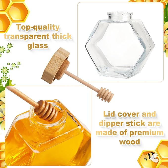 Sunnyray 30 Pcs Glass Honey Jars with Dipper Hexagonal Clear Glass Dispenser Small Honey Containers Bottle with Wooden Dipper and Cork Lid for Home Storage Kitchen (220 ml)