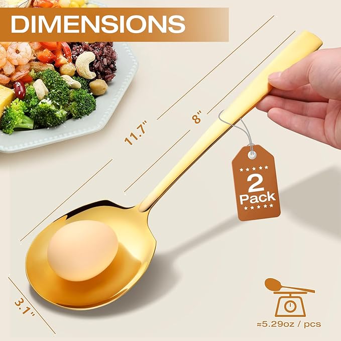 Extra Large Serving Spoons Set 11.7-Inch Gold Serving Slotted Spoon and Serving Spoon 18/8 Stainless Steel Big Serving Utensil for Buffet, Parties, Catering - Dishwasher Safe(2-Pack, Gold)