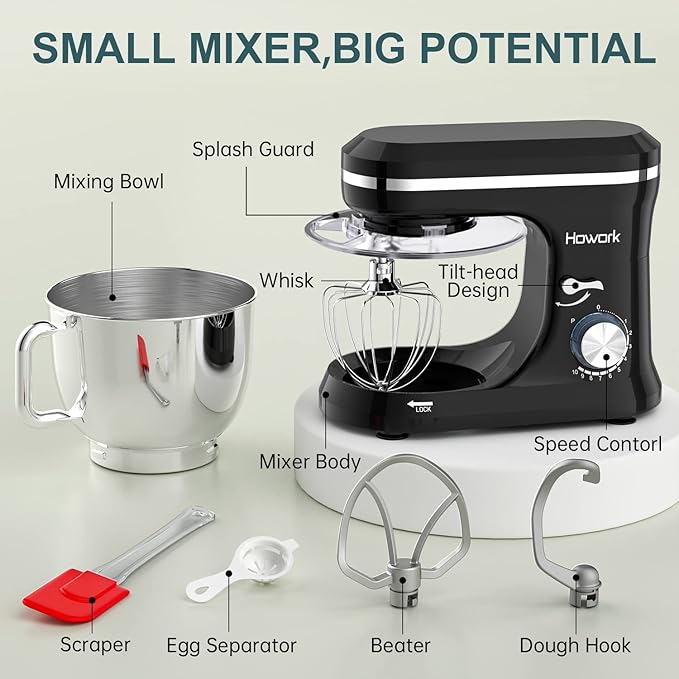 Stand Mixer Electric, 10+p Speeds With 6.5QT Stainless Steel Bowl,Dough Hook, Wire Whip & Beater,for Most Home Cooks(Black)