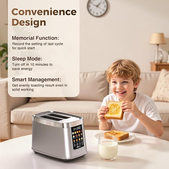 Mecity Motorized Toaster 2 Slice with Touch Screen, Stainless Steel Smart Toaster, 8 Bread Types, 5 Shade Levels, 1200W High Power, Keep Warm Mode, Reheat Defrost Functions, 120V