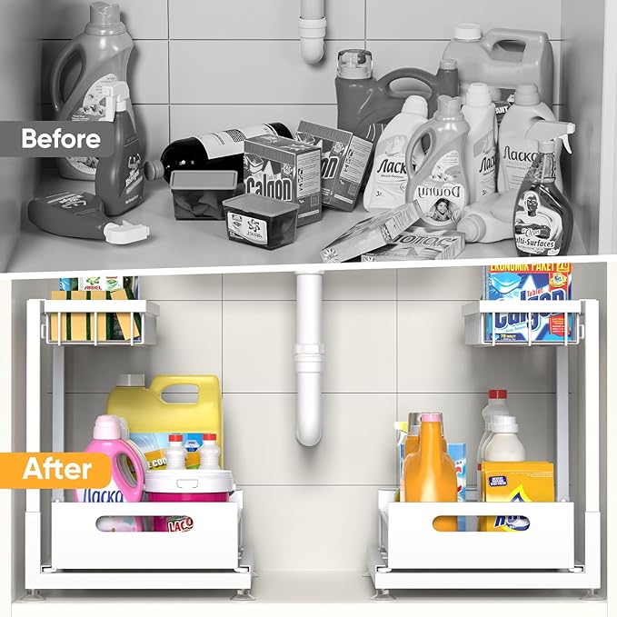 Saydear Under Sink Organizer Storage 2-Tier Premium Metal Pull-Out Kitchen Cabinet Organizer with Sliding Drawer, Height Adjustable, Heavy Duty for Kitchen & Bathroom Organizers 2 Pack White