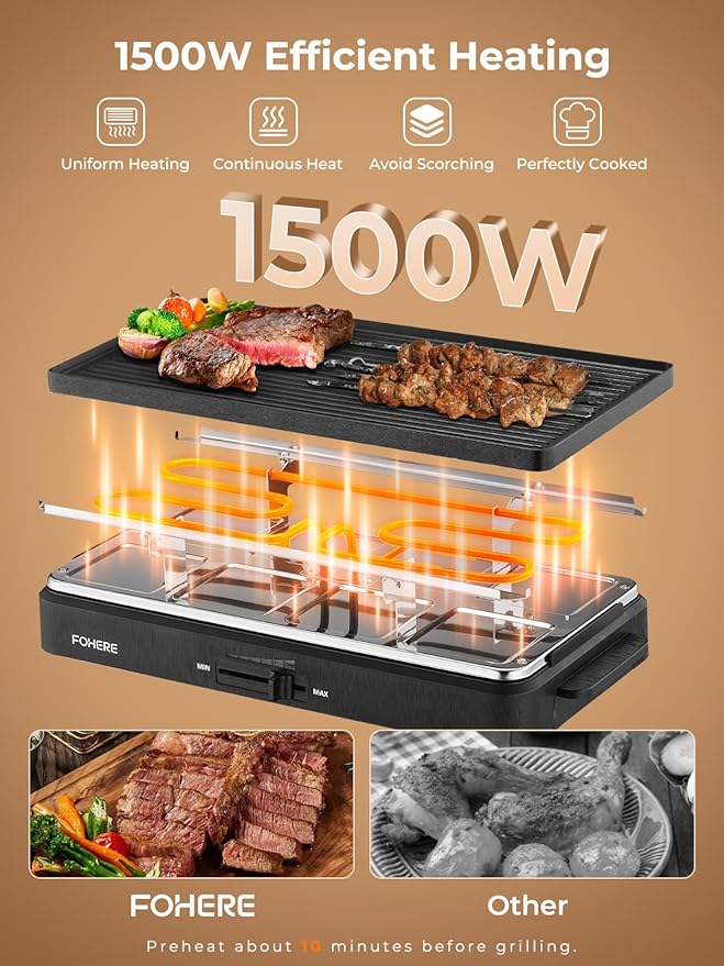FOHERE Raclette Grill, 2 in 1 Raclette Table Grill Indoor, 1500W Korean BBQ Grill Electric Griddle with Reversible Non-stick plate, Adjustable Temp Control and 8 Paddles for Parties and Family Fun