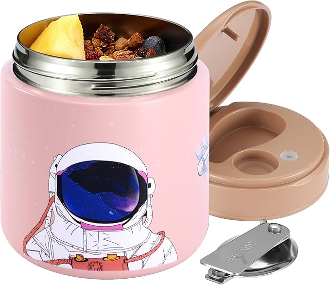 Insulated Food Jar for Kids - 15.2 Oz, Thermo for Hot Food, Soup Thermo, Insulated Food Container, Termos Para Comida Caliente, Width Mouth Stainless Steel Lunch Box with Spoon, Starry Pink