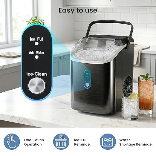 Antarctic Star Countertop Nugget Ice Maker, 34 Lbs/24H, Stainless Steel Pebble Ice Machine, One-Click, Self-Cleaning, Compact Ice Maker with Basket & Scoop, for Kitchen Office Bar, Steel Black