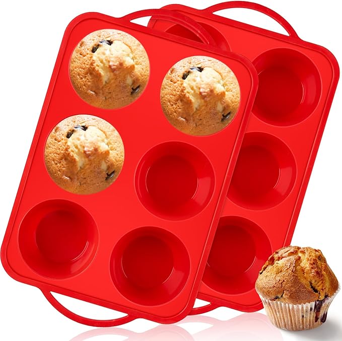 Puyeipt 2 Pack Jumbo Muffin Pans with Metal Frame, 6 Cup Large Cupcake Molds with Handles, Silicone Egg Bite Baking Trays, BPA Free & Non-Stick