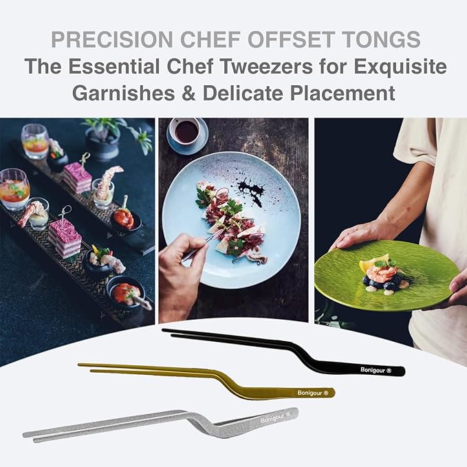 8 Inch Precision Offset Tweezers, Kitchen Culinary Stainless Steel Tongs, Curved Kitchen Cooking Multi-function Chef Precision Tweezer Tongs for Plating, Food Decorating and ect (Silver)