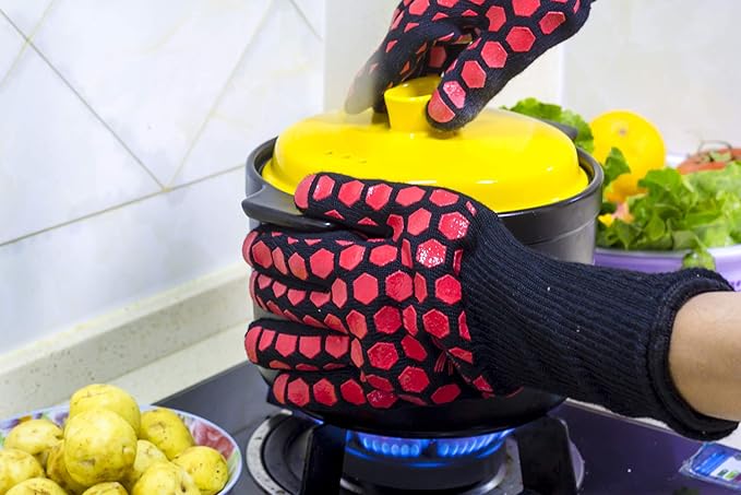 J H Heat Resistant Oven Glove:EN407 Certified 932 °F, 2 Layers Silicone Coating, Oven Mitts for Cooking, Kitchen, Fireplace,Camping, Grilling (Black/Red, Extra Long Cuff)