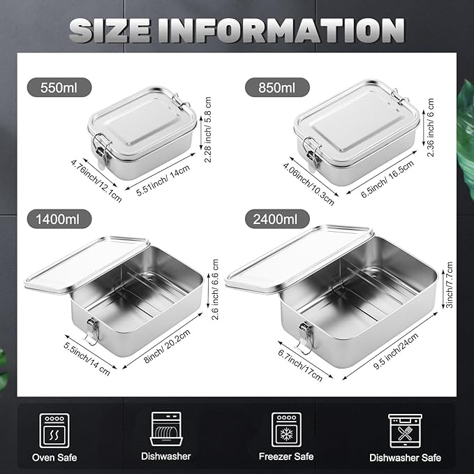 Umigy 12 Pcs Stainless Steel Food Containers 550/850/1400/2400 ml Metal Bento Lunch Box Stainless Steel Food Storage Containers, Lockable Clips to Leak Proof, Reusable Dishwasher Snack Boxes for Work